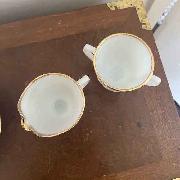 Vintage Fire King Milk Glass and Gold Set of 6 Plates with Sugar and Creamer - Picture 3 of 11